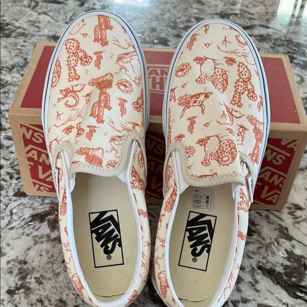 Vans Cream and Brown Slip-On Sneakers Artist